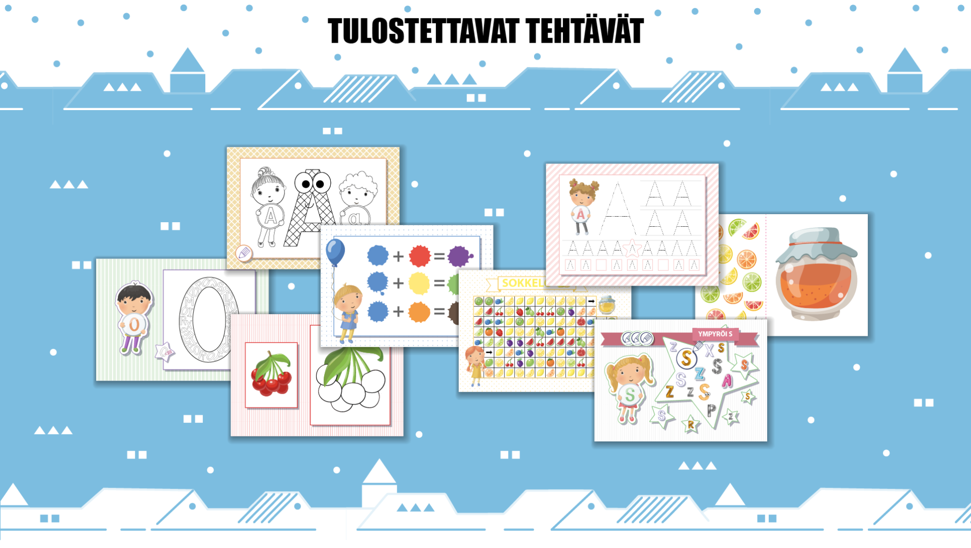 Printable educational games Tulostettavat tehtävät lapsille: väritä kirjaimet, aakkoset, sokkelo, värien sekoittaminen