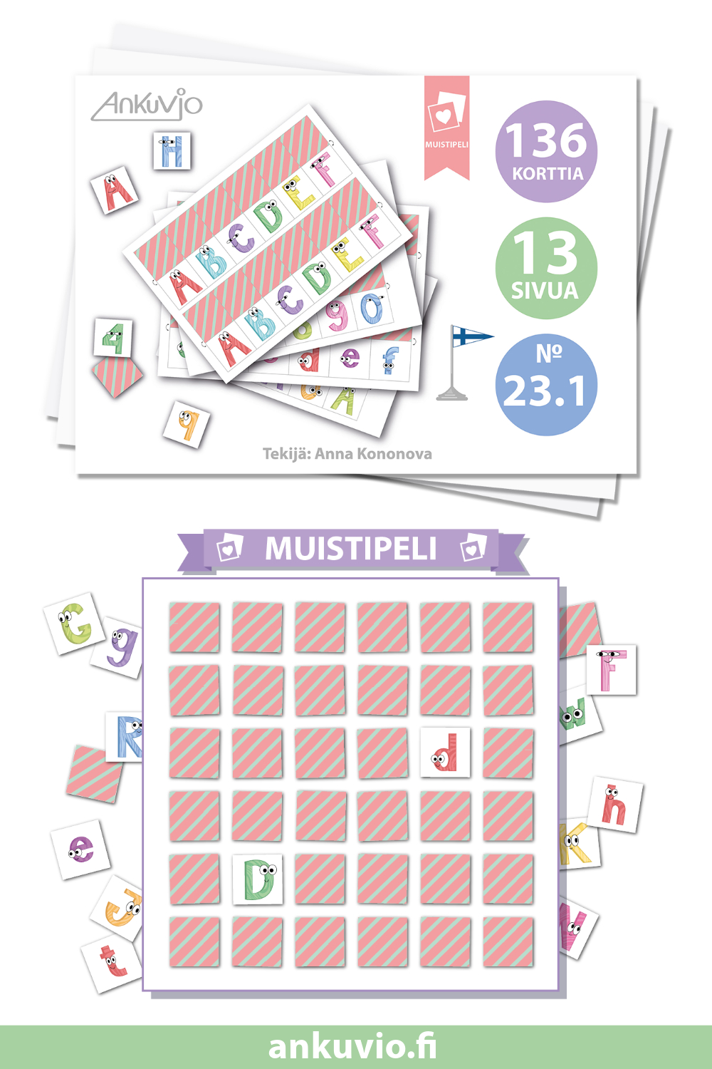 Tulostettavat muistipelikortit lapsille. Isot ja pienet kirjaimet ja numerot. Suomet aakkoset. Kiva tehtävä.