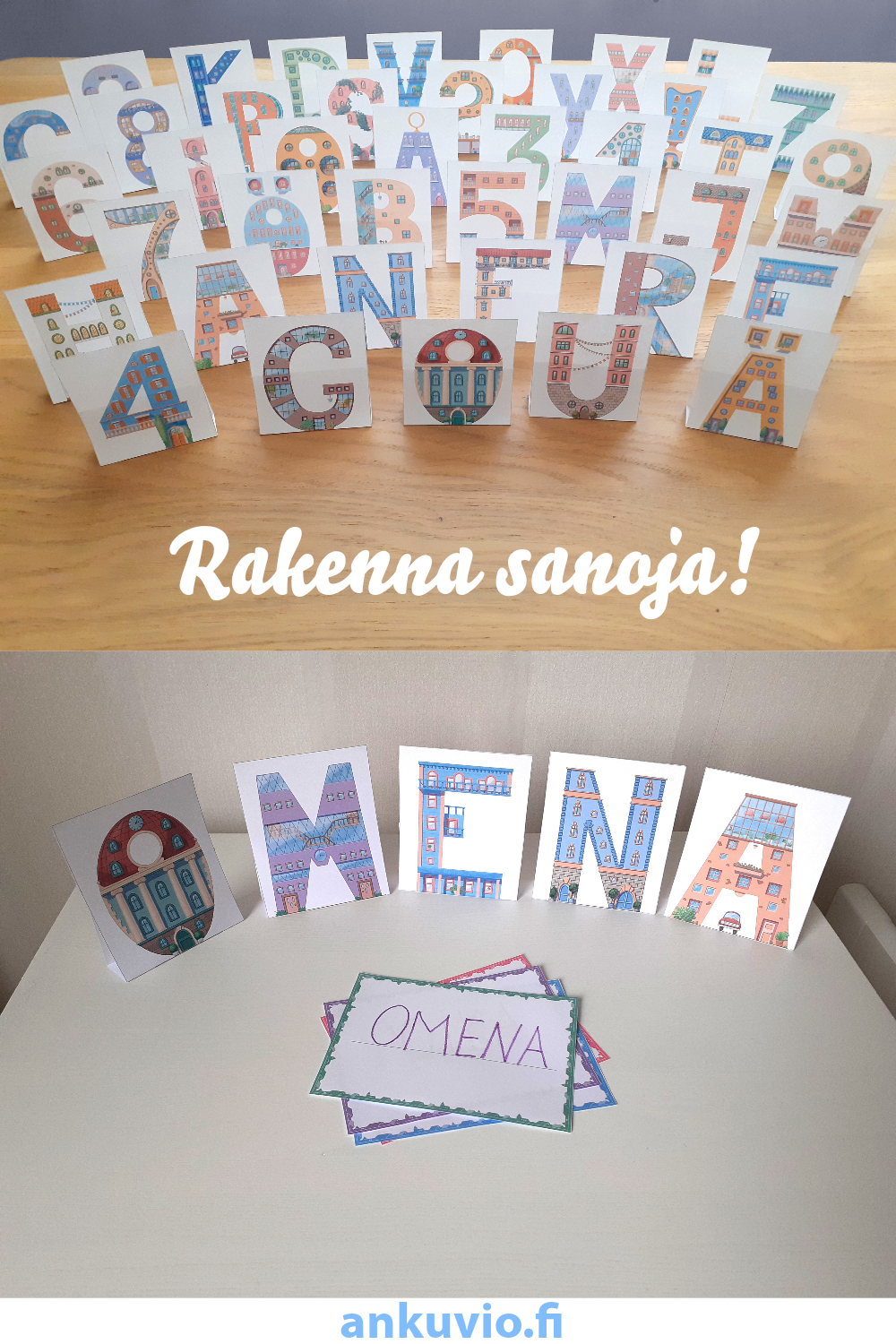 Tulostettava tehtävä lapsille. Suomen aakkoset. Rakenna sanoja. Kirjaimet - talot.
